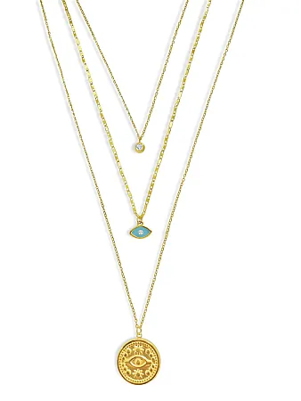 Κολιέ γυναικείο, από ανοξείδωτο ατσάλι, τριπλό, 43 εκατοστά+5εκατοστά αλυσίδα επέκτασης η κοντή αλυσίδα, με ζιργκόν, κίτρινο επιχρύσωμα & ματάκι βασκανίας, silverline, 0330342502,